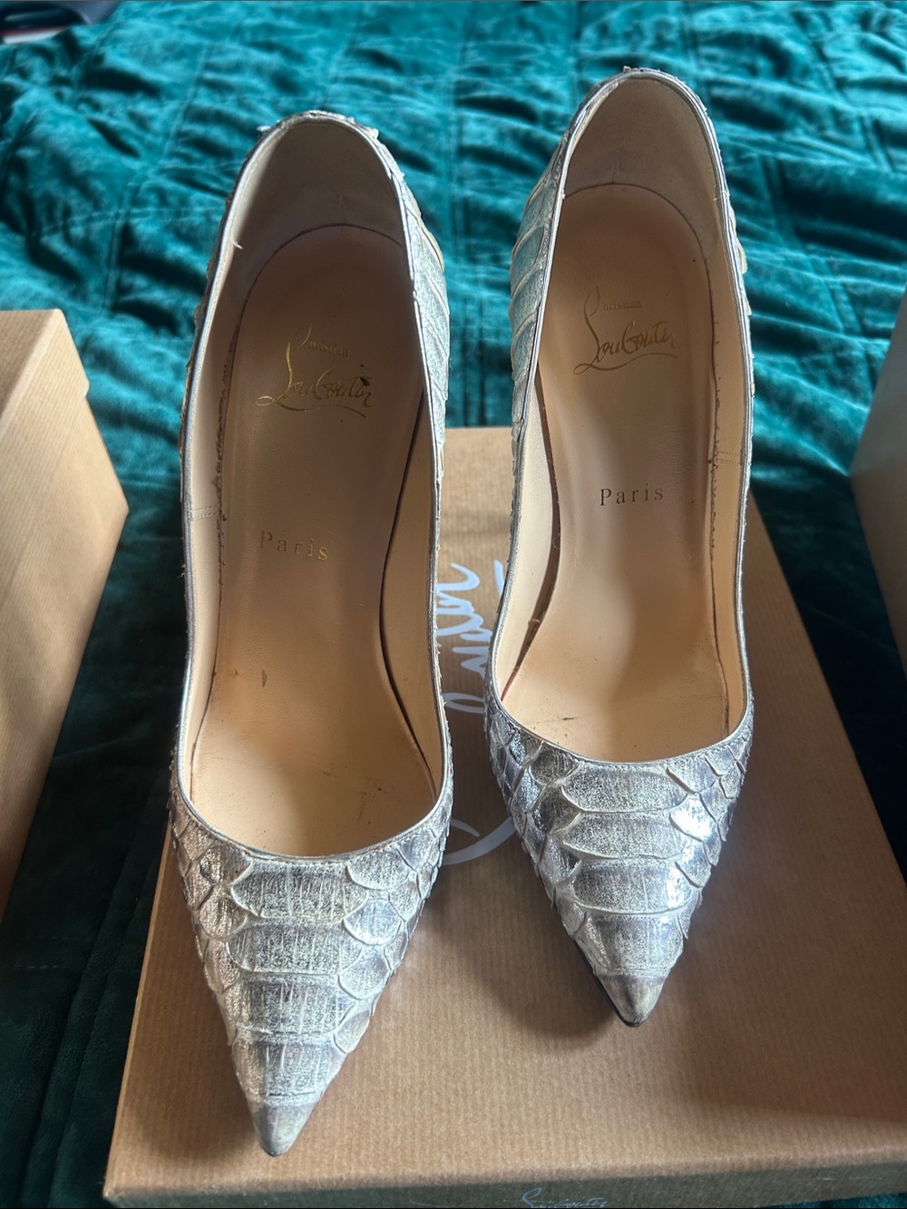 Christian Louboutin Silver Textured Pointed-Toe Pumps
